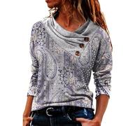 Camicia da donna casual con stampa plaid a maniche lunghe, con scollo a V, camicetta larga, a pieghe, Lilla, S