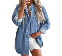 Camicia da donna casual in denim con bottoni, a maniche lunghe, giacca di jeans oversize con tasche, BU1., S