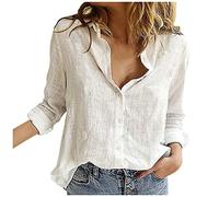 Camicia da donna chic ed elegante, camicia in lino da donna a maniche lunghe, camicetta con bottone camicia corta a manica lunga 2025 nuovo top chic versatile camicetta casual tinta unita top, bianco