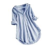 Camicia da donna chic ed elegante cappotto da donna di grandi dimensioni, camicetta a righe con bottoni, camicetta a maniche lunghe, casual, top largo, risvolto camicia 5XL, blu, XL