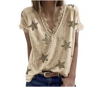 Camicia da donna con bordo in pizzo, scollo a V, a maniche corte, estiva, Y2K, motivo a stella, con cuciture in pizzo, vestibilità comoda, per il tempo libero, da corsa