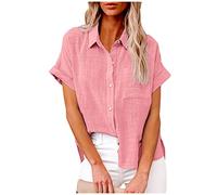 Camicia da donna con bottoni, in cotone e lino, a maniche corte, con risvolto, tinta unita, per le vacanze, il tempo libero, per l'estate e la spiaggia, S-5XL
