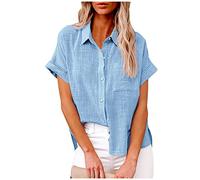 Camicia da donna con bottoni, in cotone e lino, a maniche corte, con risvolto, tinta unita, per le vacanze, il tempo libero, per l'estate e la spiaggia, S-5XL