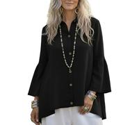 Camicia da donna con bottoni, maniche a campana, elegante e casual, a maniche lunghe, da indossare tutti i giorni, Nero , XL