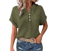 Camicia da donna con bottoni, scollo a V, top da donna estivo, chic, casual, con tasche, camicia alla moda, tinta unita, maglietta leggera, camicetta per il tempo libero all'aperto, maglietta a