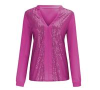 Camicia da donna con brillantini, a maniche lunghe, con paillettes, colore rosa, camicetta da donna, con brillantini, elegante, a maniche lunghe, scollo a V, per carnevale, Z1-hot Pink, 3XL