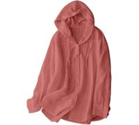 Camicia da Donna con Cappuccio e Protezione Solare UPF 50+ in Misto Cotone e Lino; Leggera, a Maniche Lunghe e con Bottoni, Ideale Come Copricostume o Top Estivo. (Brick Red,14)