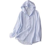 Camicia da Donna con Cappuccio e Protezione Solare UPF 50+ in Misto Cotone e Lino; Leggera, a Maniche Lunghe e con Bottoni, Ideale Come Copricostume o Top Estivo. (Light Blue,12)