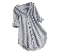 Camicia da donna con colletto a bottone, camicetta lunga, maniche a righe, allentata, Blu marino, 5XL