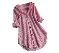 Camicia da donna con colletto a bottone, camicetta lunga, maniche a righe, allentata, Colore: rosso, 5XL