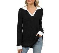 Camicia da donna con colletto a contrasto, design casual a maniche lunghe a costine, maglione a tunica leggero autunnale, comoda da indossare a strati o da solo nelle giornate fredde, Nero , M