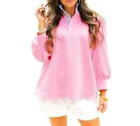 Camicia da donna con colletto a righe patchwork manica a sbuffo bottoni scollo a V pullover top sciolto casual autunno abiti, rosa, L