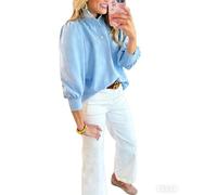 Camicia da donna con colletto a righe patchwork manica a sbuffo bottoni scollo a V pullover top sciolto casual autunno abiti, Blu, S