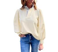 Camicia da donna con colletto a righe patchwork manica a sbuffo bottoni scollo a V pullover top sciolto casual autunno abiti, bianco, XL