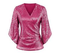 Camicia da donna con glitter - scollo a V - top a tunica con paillettes - maglietta a maniche lunghe a 3/4 con glitter Slim Fit - Maglietta a maniche lunghe per feste, elegante, tinta unita, Rosa