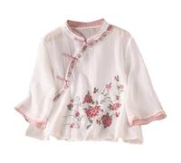 Camicia da donna con maniche a 3/4, stile cinese, a maniche lunghe, scollo a V, con ricamo floreale, per il tempo libero, leggera e ariosa, in lino, bianco, 4XL