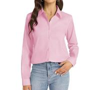 Camicia da donna con scollo a polo con bottoni, manica lunga, da donna, in cotone, lino, camicie spiritose, taglie forti, estive, camicie classiche, camicetta traspirante, top chic ed elegante, Rosa