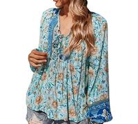 Camicia da donna con scollo a V Boho in lino a maniche lunghe con grafica floreale ricamata tunica 2025 hippie con volant sul davanti camicette per donne anziane Club casual alla moda garza ampia
