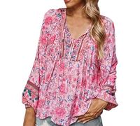 Camicia da donna con scollo a V Boho in lino a maniche lunghe con grafica floreale ricamata tunica 2025 hippie con volant sul davanti camicette per donne anziane Club casual alla moda garza ampia