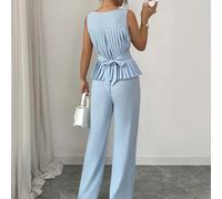 Camicia da donna con scollo a V, bottoni frontali, decorazione con strass, con plissettatura sulla schiena, vita con laccio, orlo irregolare, pantaloni a zampa dritta, set da 2 pezzi, primavera/estate