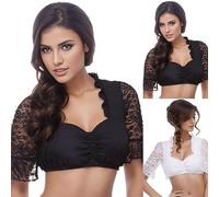 Camicia da donna con scollo a V, camicetta da donna, a maniche corte, elegante camicetta Dirndl, in pizzo nero, a mezza manica