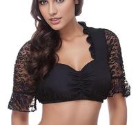 Camicia da donna con scollo a V, camicetta da donna, a maniche corte, elegante camicetta Dirndl, in pizzo nero, a mezza manica