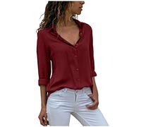 Camicia da donna con scollo a V, elegante, tinta unita, slim fit, business, chiffon, a maniche lunghe, con colletto a risvolto, con bottoni, a tunica, leggera, a maniche lunghe, taglie grandi, Vino, S