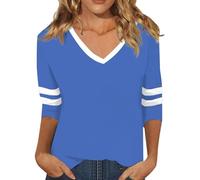 Camicia da donna con scollo a V, maniche a righe, comoda, traspirante, per il tempo libero, maniche a 3/4, casual, alla moda, patchwork, elegante, casual, a maniche lunghe, O blu., M