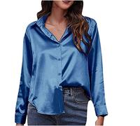 Camicia da donna con scollo a V, temperamento, elegante, per ufficio, lavoro, a maniche lunghe, tinta unita, slim fit, in raso, con bottoni, a maniche lunghe, casual, da donna, Celeste., M