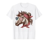 Camicia da donna con scritta "4th of July", cavallo con bandiera americana Maglietta