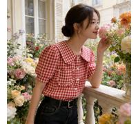 Camicia da donna con stampa a quadri, colletto Peter Pan, maniche corte a palloncino, casual per vacanze, uso quotidiano, festività e aeroporto, primavera/estate, rosso L,M,S,XLGeometricoPoliestere