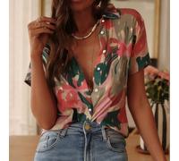 Camicia da donna con stampa all-over, bottoni e maniche corte, design avvolgente con bottoni, top primavera/estate per vacanze, taglia standard L,M,S,XL,XS,XXLStampa CasualeTessuto intrecciato