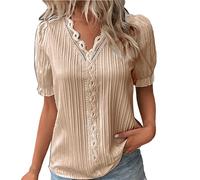 Camicia da donna elegante, a maniche corte, in pizzo, con scollo a V, elegante, taglie forti, camicetta estiva da donna, tinta unita, casual, per ufficio, Khaki2., XL