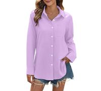 Camicia da donna elegante a maniche lunghe, da lavoro, oversize, in mussola, a maniche lunghe, elegante, lunga, in lino, con scollo a V, camicetta elegante, a tunica, Lilla, XL