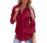 Camicia da donna elegante a maniche lunghe, in cotone e lino, con bottoni, a maniche lunghe, elegante, da lavoro, per ufficio, business, casual, tinta unita, Colore: rosso, M