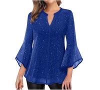 Camicia da donna elegante con maniche a 3/4, camicia con maniche a volant, glitter, top in mesh, patchwork, per feste, tunica tinta unita, scollo a V, pullover festivo, doppio strato, camicia lunga