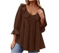 Camicia da donna elegante con maniche a 3/4, con volant, tunica al nodo, leggera, con scollo a V, alla moda, da lavoro, in tinta unita, patchwork, casual, traspirante, per feste, marrone, XXL
