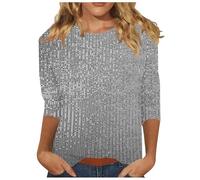 Camicia da donna elegante con paillette, maniche a 3/4, casual, con brillantini, per feste, costumi di carnevale, scollo rotondo, alla moda, comoda felpa, grigio., XL