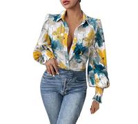 Camicia da Donna Elegante Oversize Leggero Casual Elegante Tunica Comodo Scollo a V Estive Classica Camicetta Spiaggia Moda Vintage Maglia Tees con Bottoni Maniche Lunghe Fantasia Top Tinta Unita