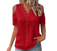 Camicia da donna elegante per occasioni speciali, a maniche corte, curvy, con pizzo, scollo a V, top elegante, taglie grandi, bluse estive da donna, tinta unita, casual, camicia in pizzo, cerimonia