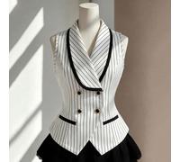 Camicia da donna elegante stile francese vintage classico a righe con colletto Peter Pan, vita stretta, linea ad A, senza maniche, con bordi a contrasto e doppio petto, primavera/estate L,M,S,XLA stri