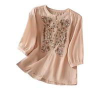 Camicia da donna estiva 2026 con maniche a 3/4, tessuto di cotone e lino, dettagli ricamati retrò, top boho, camicetta elegante casual alla moda per le vacanze, 1c-rosa, M