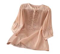 Camicia da donna estiva 2026 con maniche a 3/4, tessuto di cotone e lino, dettagli ricamati retrò, top boho, camicetta elegante casual alla moda per le vacanze, 1d-rosa, M