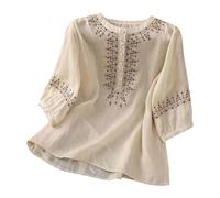 Camicia da donna estiva 2026 con maniche a 3/4, tessuto di cotone e lino, dettagli ricamati retrò, top boho, camicetta elegante casual alla moda per le vacanze, 1d-beige, M