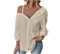 Camicia da donna estiva a maniche a 3/4, con spalle scoperte, per il tempo libero, con tasca sul petto, tinta unita, maniche a 3/4, beige., L