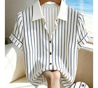 Camicia da donna estiva a righe verticali con colletto e bottoni metallici, minimalista, a maniche corte, adatta per il pendolarismo quotidiano, il mercato del fine settimana e riunioni di lavoro legg