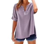 Camicia da donna estiva in cotone e lino, scollo a V, manica corta, camicia estiva da donna, leggera, camicetta casual tinta unita, taglia grande, grande, versatile, con bottone e tasca, malva, XXL