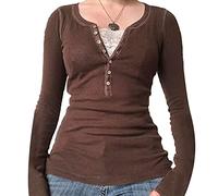 Camicia da donna Fairy Grunge Y2k a maniche lunghe Estetica Crop Top Primavera Autunno Slim Fit Harajuku camicetta top streetwear, T1- Marrone, S