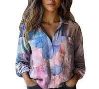 Camicia da donna floreale vintage in lino, a maniche lunghe, con scollo a V, per feste, vestibilità comoda, casual, per tutti i giorni, estiva, a maniche lunghe, Rosa-e, XXL