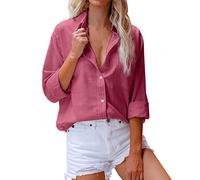 Camicia da Donna in Cotone Casual con Scollo a V Donna Lmitation Cotone e Lino Fiammato Manica Lunga Tasca Pulsante Tee Casual Camicetta Popolare Top (S 3XL) Camicia Basic Cappotto con (Hot Pink XL)